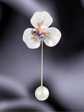 White Flower Stick Pin Brooch Faux Pearl Rhinestone Lapel Pin